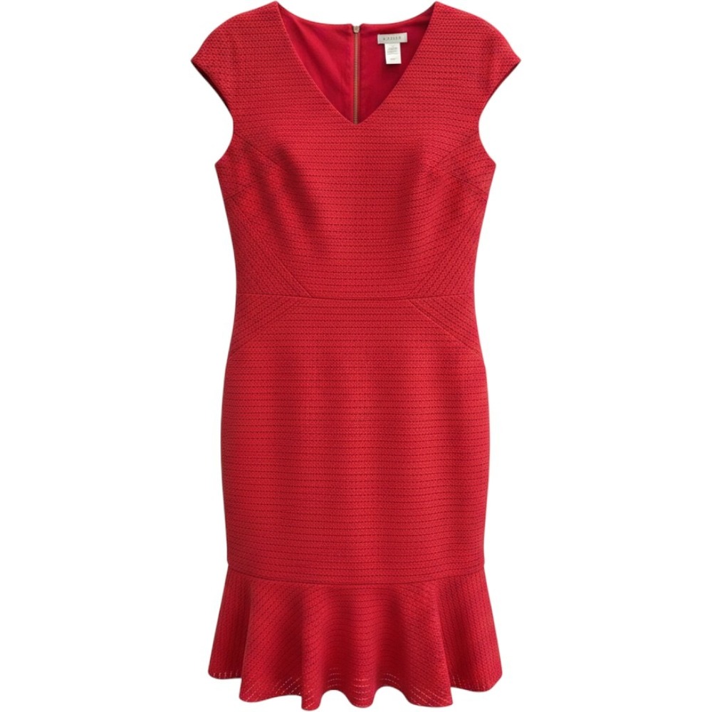 Cache Flounce Hem Sheath Dress 14 Red Textured V-Neck Cap Sleeve
